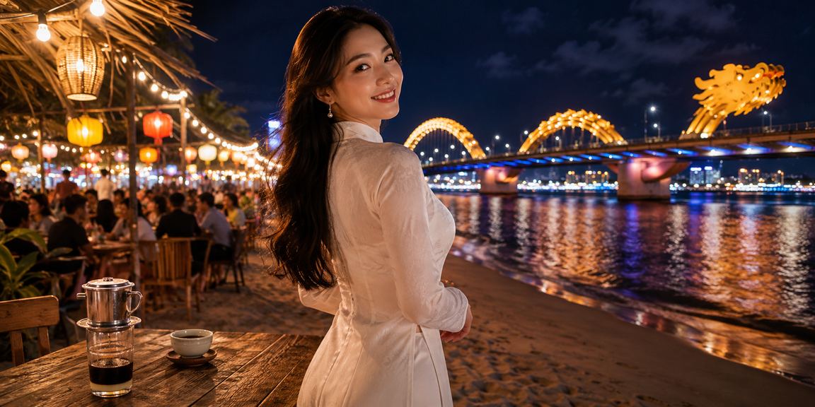 Người dùng Đà Nẵng kiểm tra chính sách bảo mật trên điện thoại với trang phục áo dài truyền thống